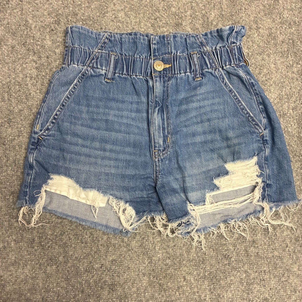 American Eagle Mom Shorts Womens 2‎ Blue Distressed Paperbag Waist Denim
